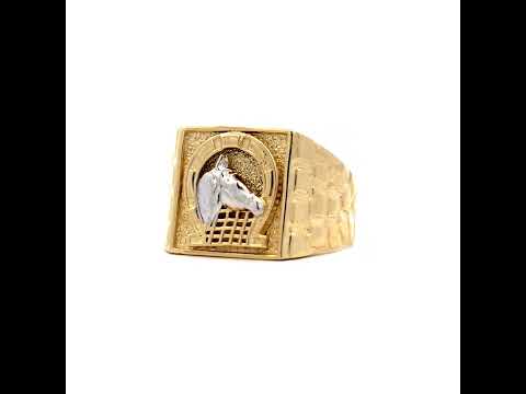 10K Two-tone Gold Mens Horse Head Horseshoe Good Luck Square Head Nugget Ring