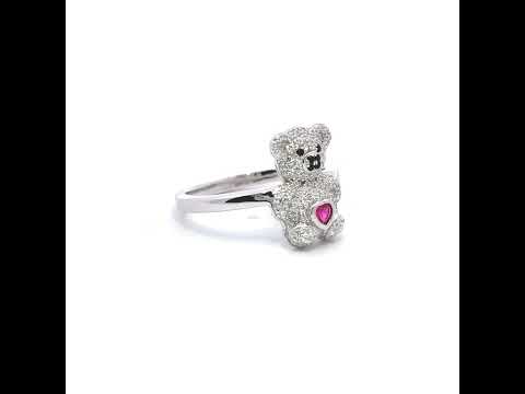 925 Sterling Silver Womens Black/Pink White Heart Round Cubic-Zirconia Teddy Bear Love Heart Ring Size 10