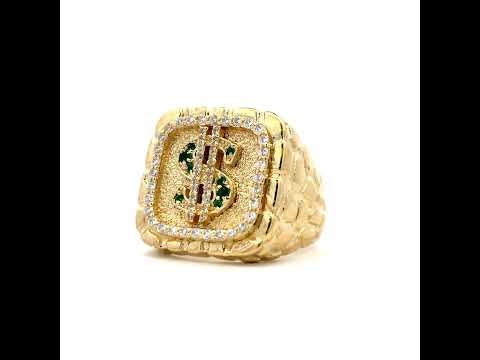 10K Yellow Gold Mens Green White Cubic-Zirconia Square Head Dollar Sign Currency Nugget Ring