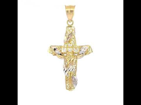 10K Two-Tone Gold Unisex Princess Cut Round Cubic-Zirconia Crucifix Cross Religious Charm Pendant
