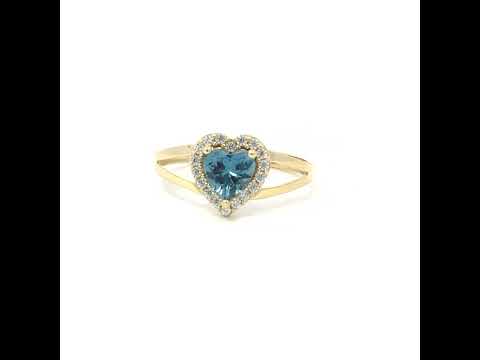 10K Yellow Gold Womens Round Heart White Blue Cubic-Zirconia Heart Birthstone Ring