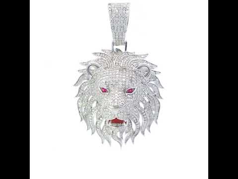 925 Sterling Silver Mens Purple White 10.8ct Moissanite Red Enameled Leo/Lion Head Zodiac Sign/Wildlife Pendant