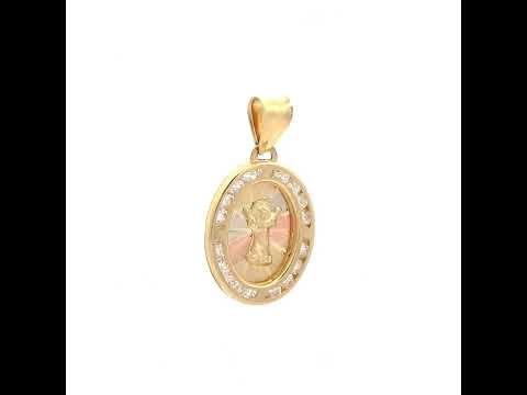 10K Tri-Color Gold Unisex Cubic Zirconia Cubic-Zirconia Religious Oval Charm Pendant