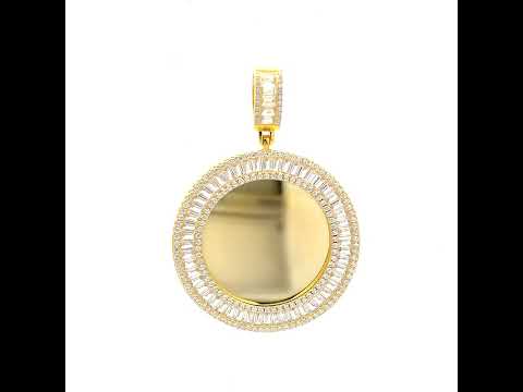 925 Sterling Silver Yellow-tone Unisex Round Baguette Cubic-Zirconia Memory Circle Photo Frame Charm Pendant