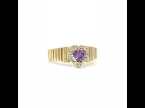 10K Yellow Gold Womens Round Heart White Purple Cubic-Zirconia Heart Birthstone Ring