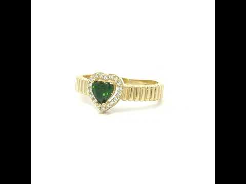 10K Yellow Gold Womens Round Heart White Green Cubic-Zirconia Heart Birthstone Ring
