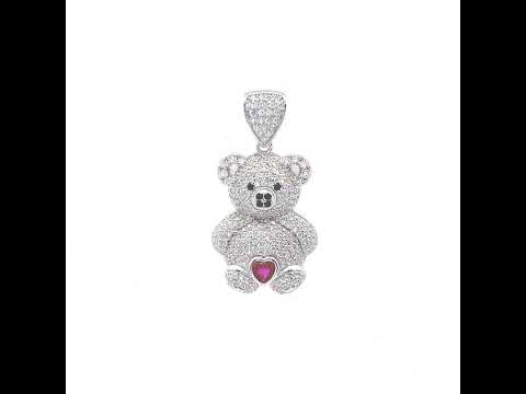 925 Sterling Silver Womens Black/Pink White Heart Round Cubic-Zirconia Teddy Bear Love Heart Charm Pendant