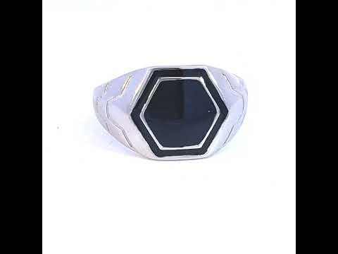 925 Sterling Silver Mens Black Enameled Octagon Head Fashion Ring Size 8