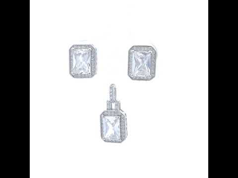 925 Sterling Silver Womens Emerald Round Cubic-Zirconia Rectangle Fashion Earrings And Pendant Set