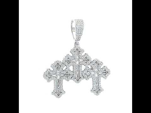 925 Sterling Silver Mens Round Baguette 1.66ct, 1.7ct Moissanite Triple Cross Religious Charm Pendant