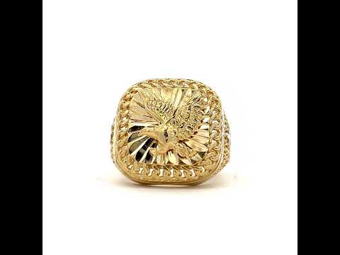 10K Two-tone Gold Mens Eagle Bird Wildlife Square Head Cuban Border Ring