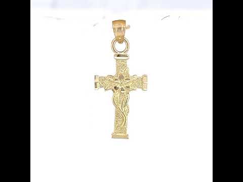 10K Yellow Gold Mens Women Textured Flower Cross Religious Charm Pendant