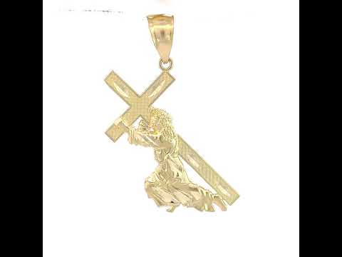 10K Gold Two-Tone Diamond-Cut Mens Jesus Carrying Cross Religious Charm Pendant