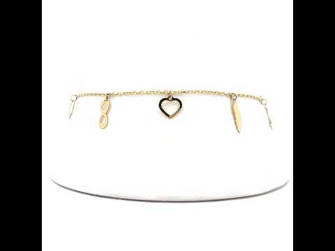10K Yellow Gold Womens Cubic-Zirconia Heart/Infinity/Feather Charms Chain Anklet Size 9 + 1 Inches