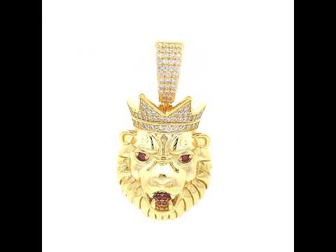 925 Sterling Silver Yellow -Tone Mens White Red 0.89ct Moissanite Leo/Lion Head Wildlife Charm Pendant