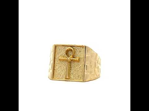 10K Yellow Gold Mens Egyptian Ankh Cross Religious Square Head Nugget Ring
