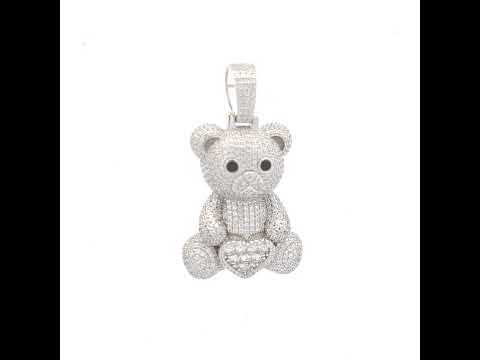 925 Sterling Silver Women Black White Cubic-Zirconia Teddy Bear Heart Charm Pendant