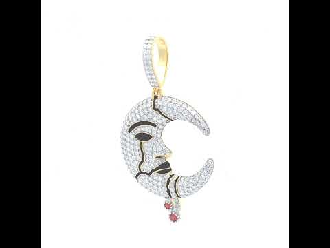 925 Sterling Silver Yellow-Tone Mens Red White Baguette Round Moissanite Enameled Moon Pendant