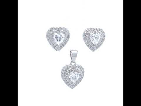 925 Sterling Silver Womens Heart Round Cubic-Zirconia Heart Earrings And Pendant Set