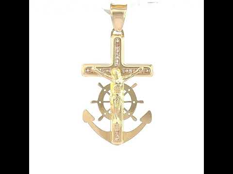 10K Yellow Gold Unisex Cubic Zirconia Cubic-Zirconia Anchor Crucifix Cross Religious Charm Pendant