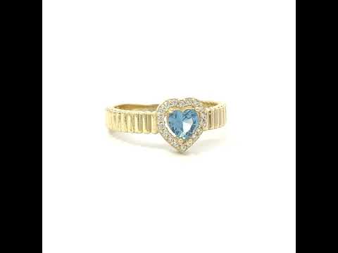 10K Yellow Gold Womens Round Heart White Blue Cubic-Zirconia Heart Birthstone Ring