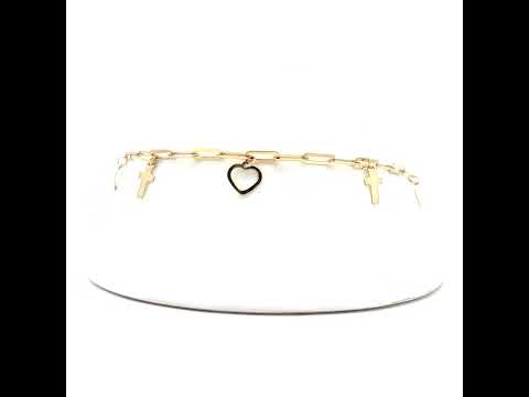 10K Yellow Gold Womens Cubic-Zirconia Heart Cross Charms Chain Bracelet Size 7 + 1 Inches