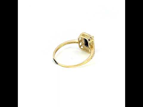 10K Yellow Gold Womens Black White Emerald-Cut Round Cubic-Zirconia Engagement Ring