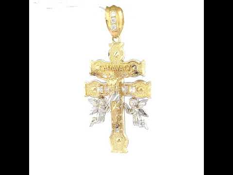 10K Two-Tone Gold Mens Princess Cut Cubic-Zirconia Religious Caravaca Cross Crucifix Charm Pendant